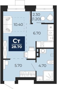 1-комн. квартира, 28.6 м²