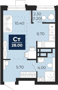 1-комн. квартира, 27.9 м²