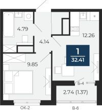1-комн. квартира, 32.4 м²