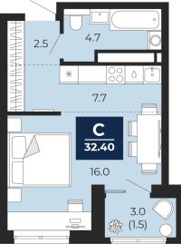 1-комн. квартира, 32.4 м²