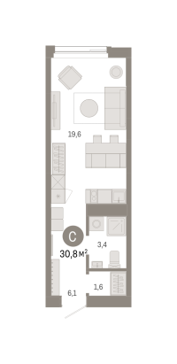 Студия, 30.8 м²