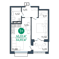 1-комн. квартира, 42.3 м²