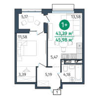 1-комн. квартира, 43.4 м²