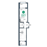 1-комн. квартира, 42.1 м²