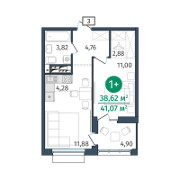 1-комн. квартира, 38.6 м²
