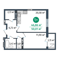 1-комн. квартира, 46.9 м²