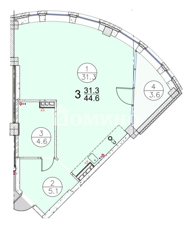 Студия, 44.6 м², 6 этаж из 16