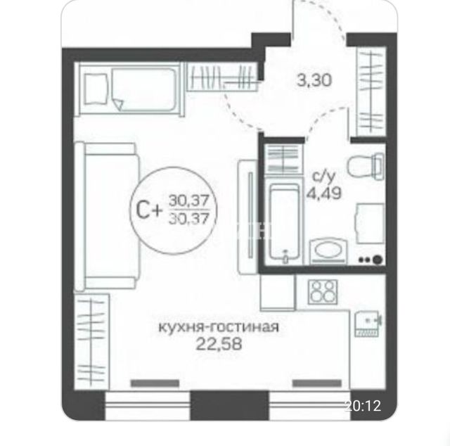 Квартира, 30.37 м², 1 этаж из 20