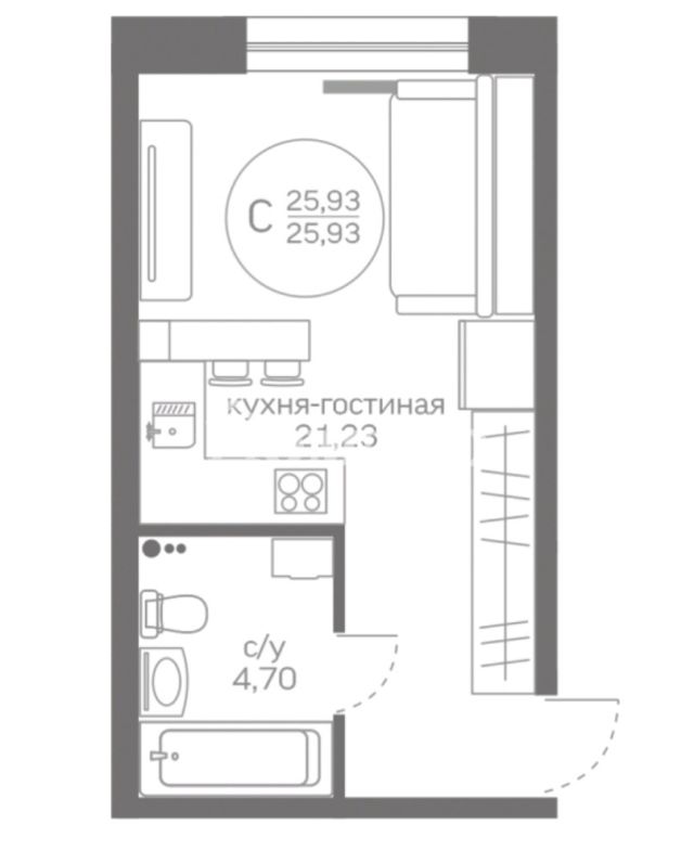 Квартира, 25.93 м², 1 этаж из 20
