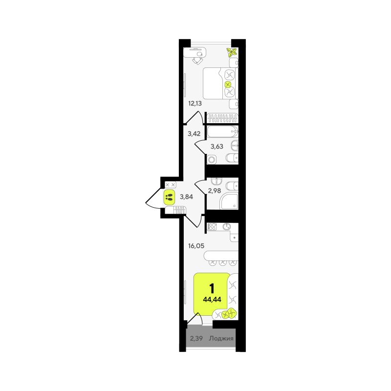 Планировка 1-комн. квартира, 44.4 м² — ЖК «Окинава»