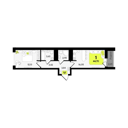 Планировка 1-комн. квартира, 44.7 м² — ЖК «Окинава»