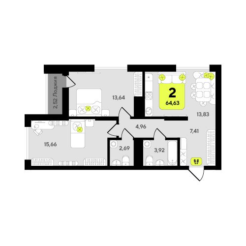 Планировка 2-комн. квартира, 64.6 м² — ЖК «Окинава»