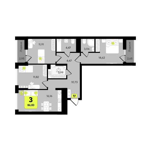 Планировка 3-комн. квартира, 86.8 м² — ЖК «Окинава»