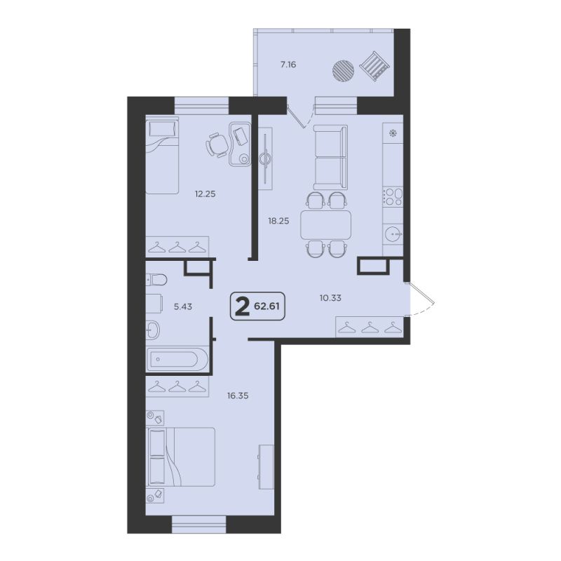 Планировка 2-комн. квартира, 62.6 м² — ЖК «Горизонт»