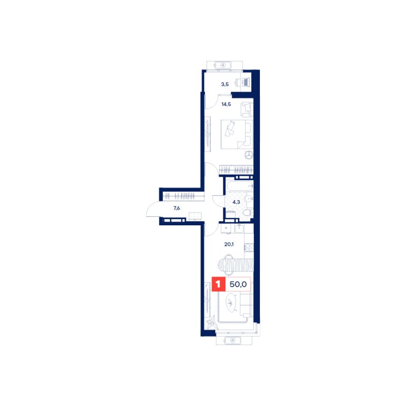 Планировка 1-комн. квартира, 50 м² — ЖК «Дом Нойферта»