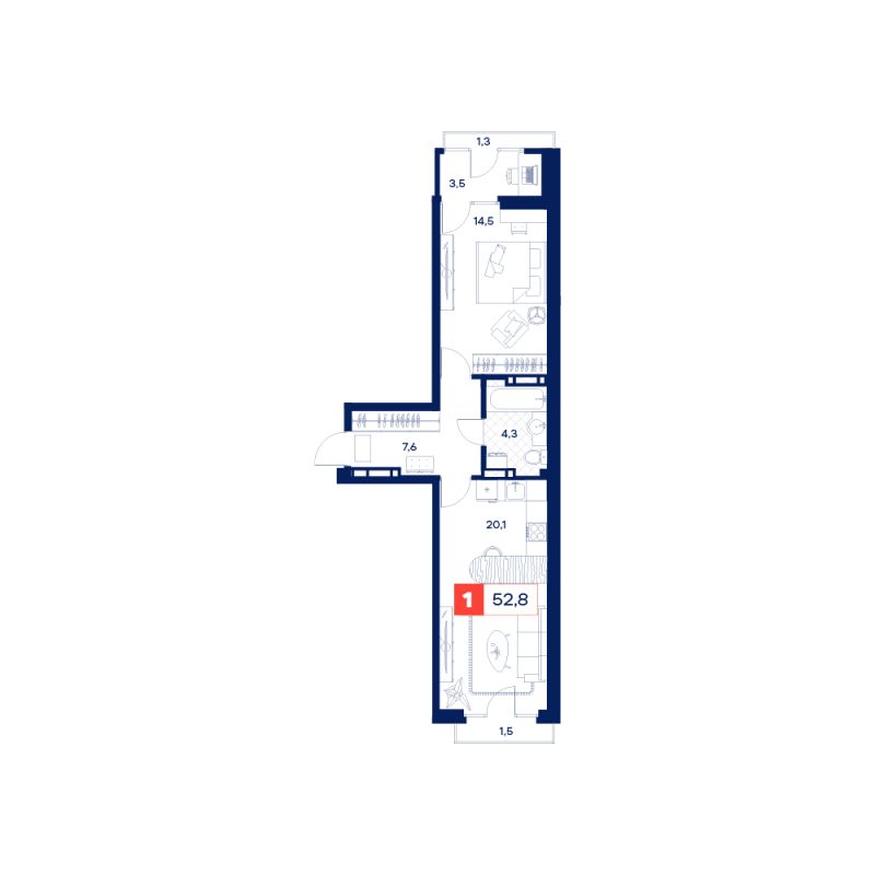 Планировка 1-комн. квартира, 52.8 м² — ЖК «Дом Нойферта»