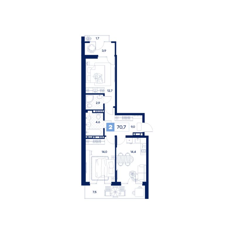 Планировка 2-комн. квартира, 70.7 м² — ЖК «Дом Нойферта»