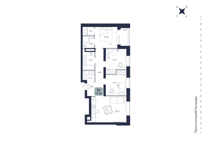 Планировка 3-комн. квартира, 77.4 м² — ЖК «Хито»