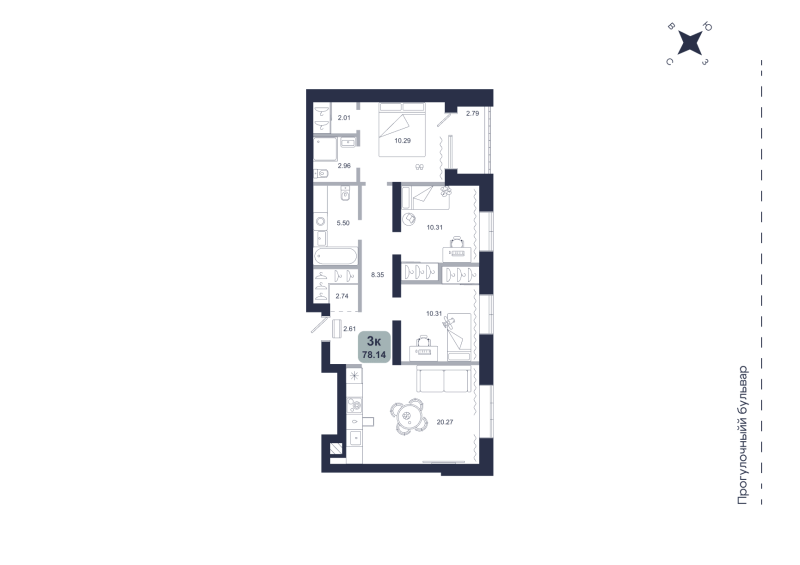 Планировка 3-комн. квартира, 78.1 м² — ЖК «Хито»