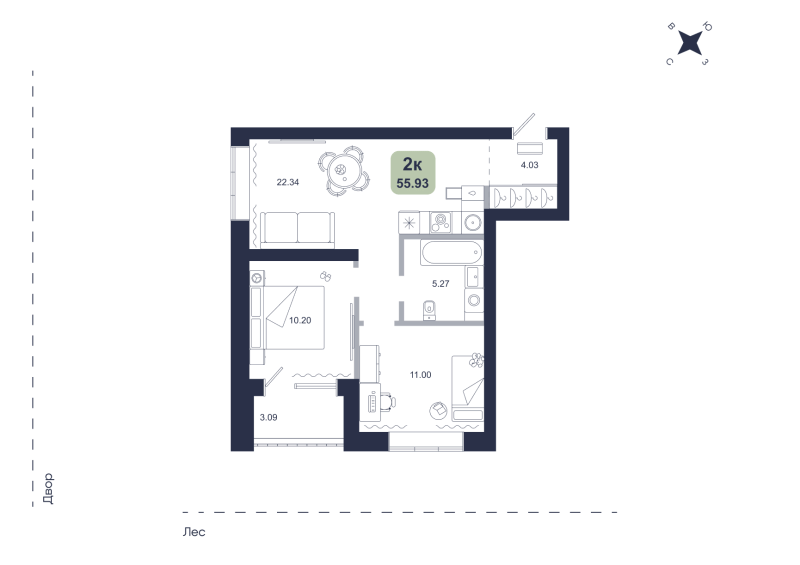 Планировка 2-комн. квартира, 55.9 м² — ЖК «Хито»