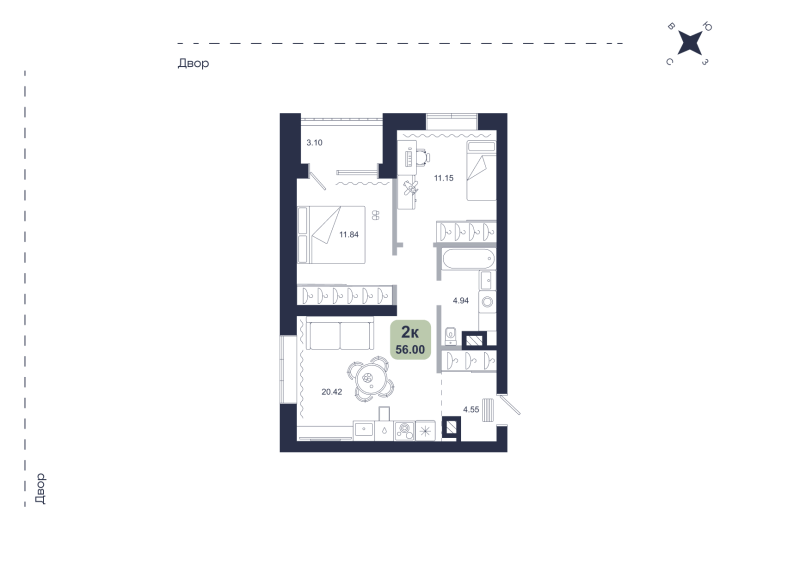 Планировка 2-комн. квартира, 56 м² — ЖК «Хито»