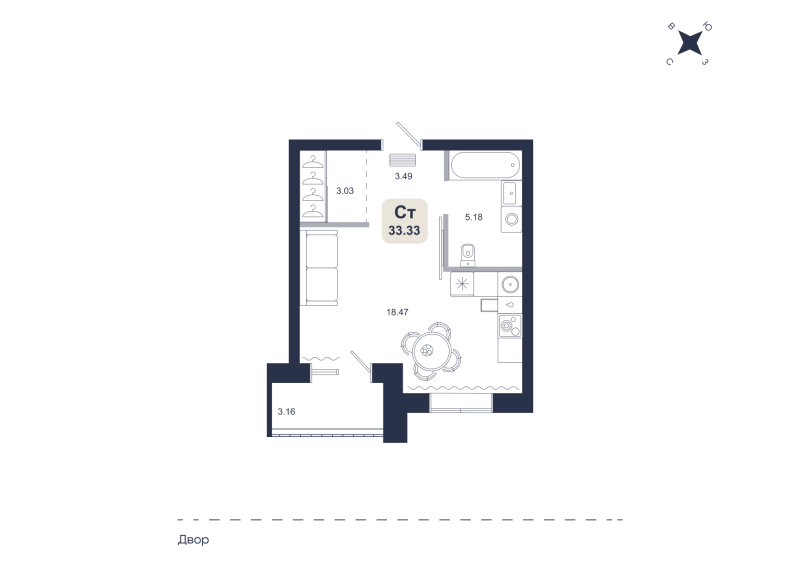 Планировка Студия, 33.3 м² — ЖК «Хито»