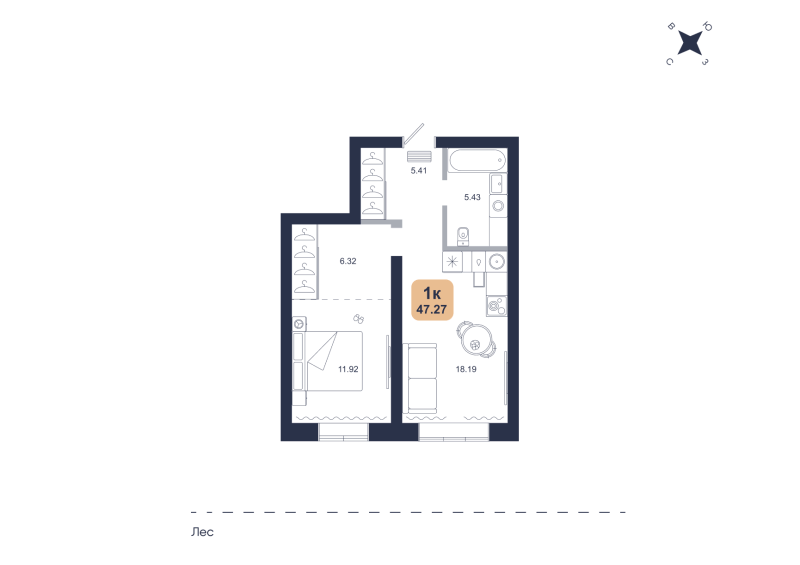 Планировка 1-комн. квартира, 47.3 м² — ЖК «Хито»