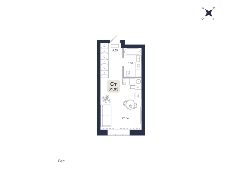 Планировка Студия, 31.9 м² — ЖК «Хито»