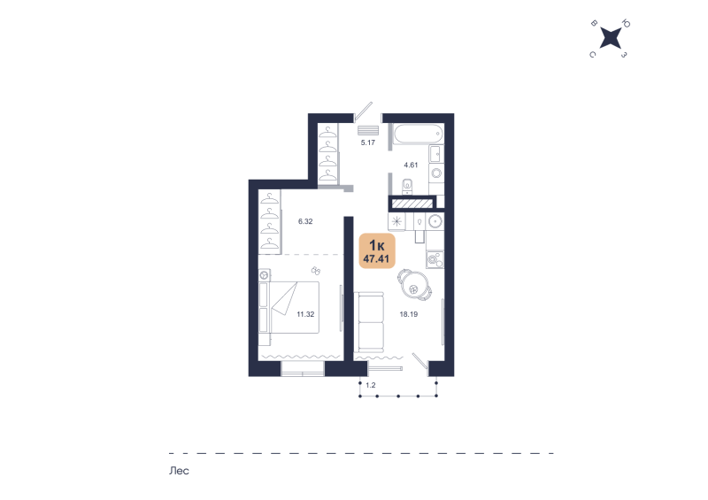 Планировка 1-комн. квартира, 47.4 м² — ЖК «Хито»