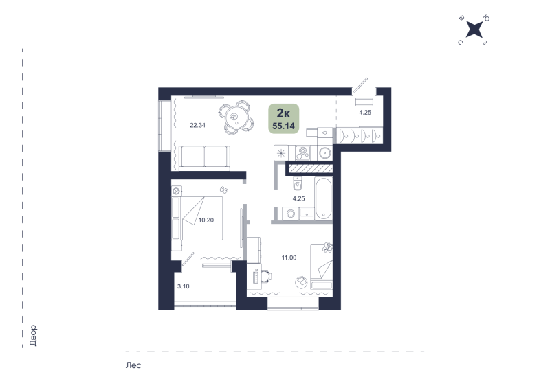 Планировка 2-комн. квартира, 55.1 м² — ЖК «Хито»