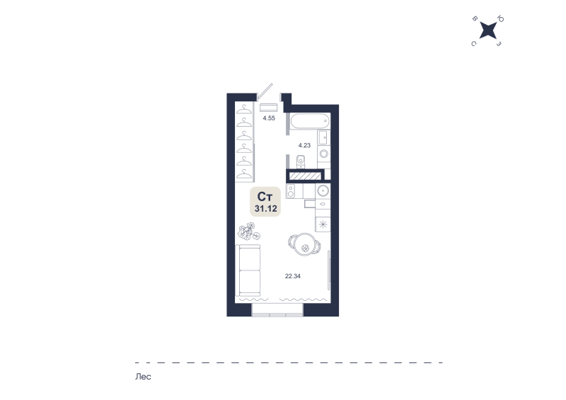 Планировка Студия, 31.1 м² — ЖК «Хито»