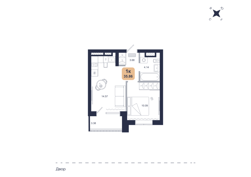 Планировка 1-комн. квартира, 35.9 м² — ЖК «Хито»