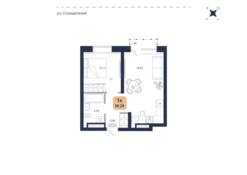 Планировка 1-комн. квартира, 38.3 м² — ЖК «Хито»