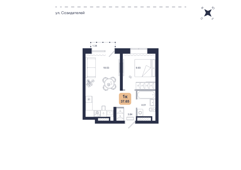 Планировка 1-комн. квартира, 37.6 м² — ЖК «Хито»