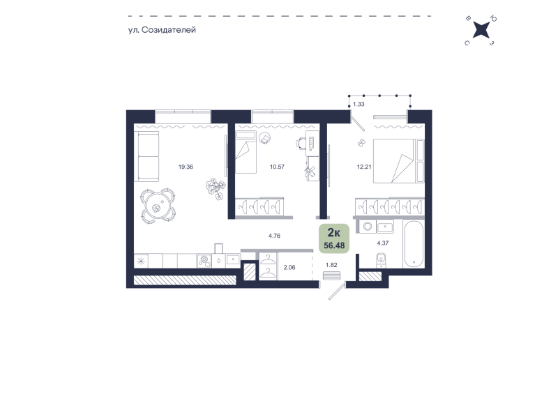 Планировка 2-комн. квартира, 56.5 м² — ЖК «Хито»