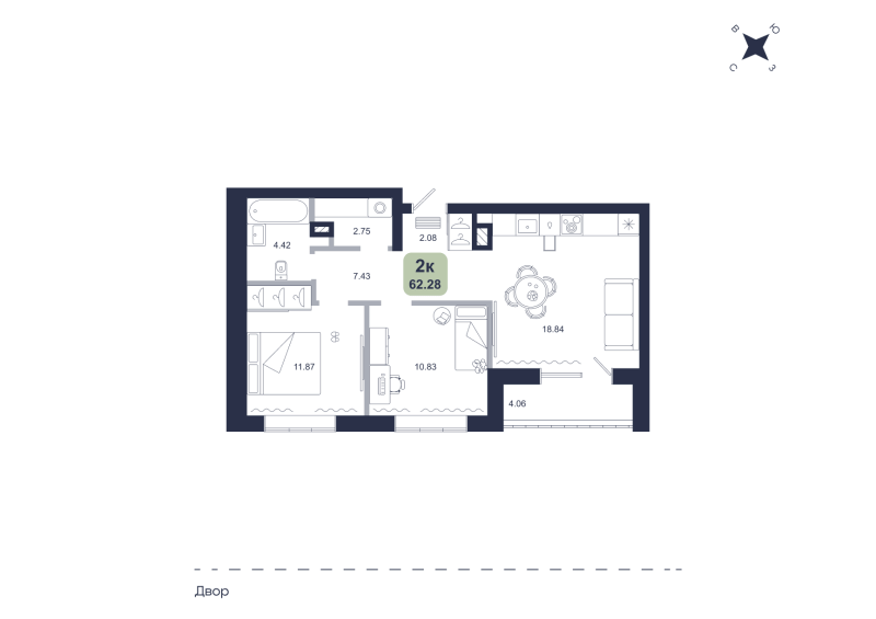 Планировка 2-комн. квартира, 62.3 м² — ЖК «Хито»