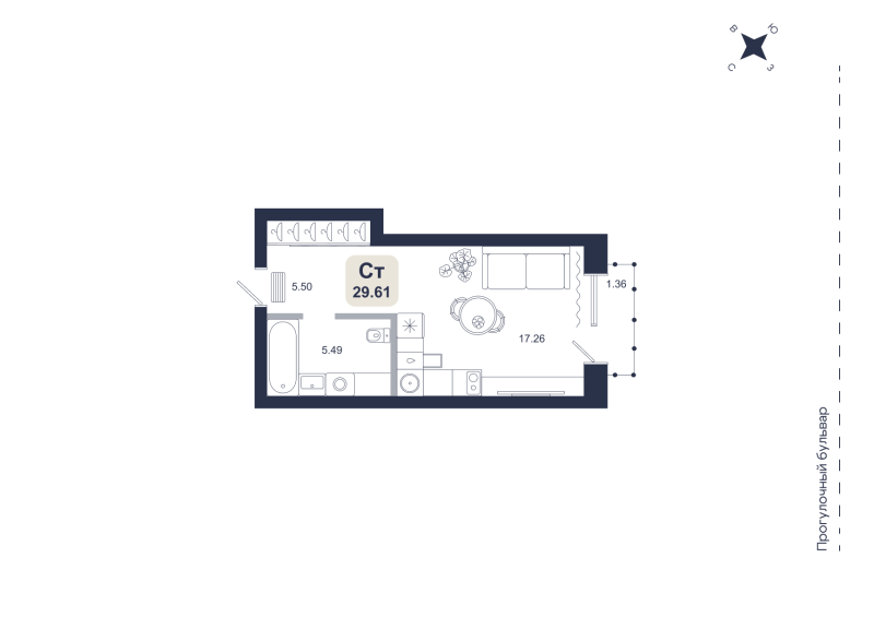 Планировка Студия, 29.6 м² — ЖК «Хито»