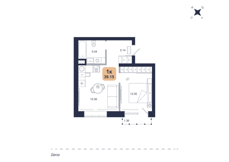 Планировка 1-комн. квартира, 39.1 м² — ЖК «Хито»