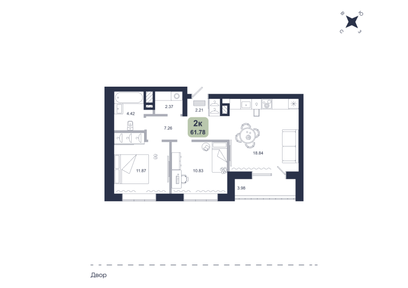 Планировка 2-комн. квартира, 61.8 м² — ЖК «Хито»