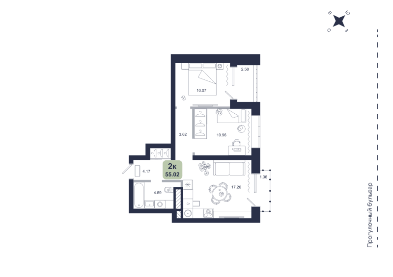 Планировка 2-комн. квартира, 55 м² — ЖК «Хито»