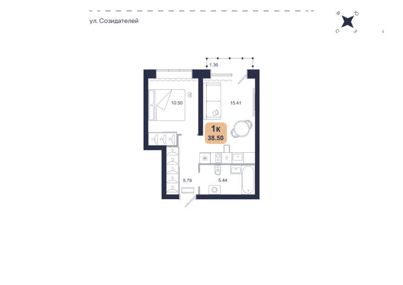 Планировка 1-комн. квартира, 38.5 м² — ЖК «Хито»