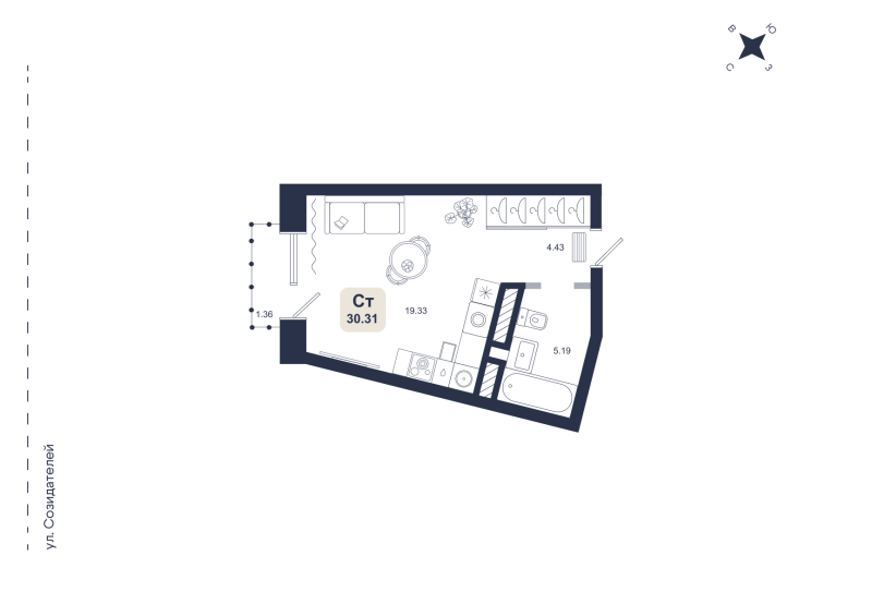 Планировка Студия, 30.3 м² — ЖК «Хито»