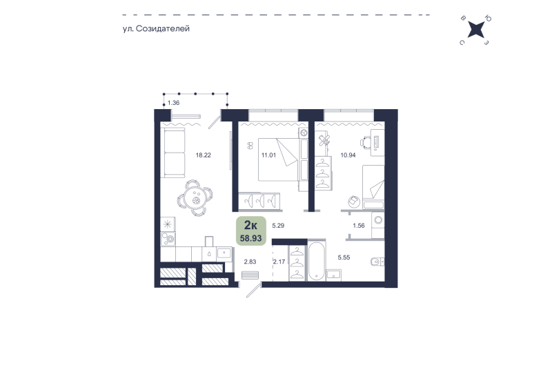 Планировка 2-комн. квартира, 58.9 м² — ЖК «Хито»
