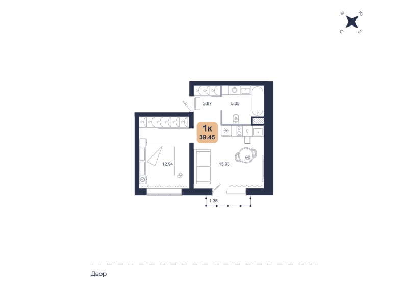 Планировка 1-комн. квартира, 39.5 м² — ЖК «Хито»