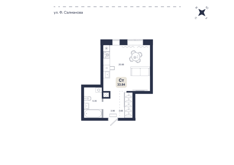 Планировка Студия, 33.8 м² — ЖК «Хито»