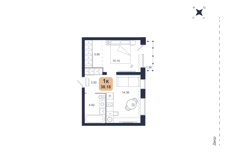 Планировка 1-комн. квартира, 38.2 м² — ЖК «Хито»