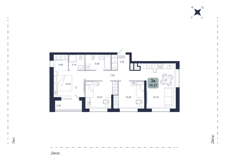Планировка 3-комн. квартира, 76.3 м² — ЖК «Хито»