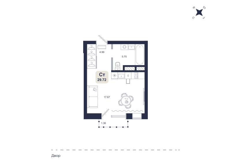 Планировка Студия, 29.7 м² — ЖК «Хито»