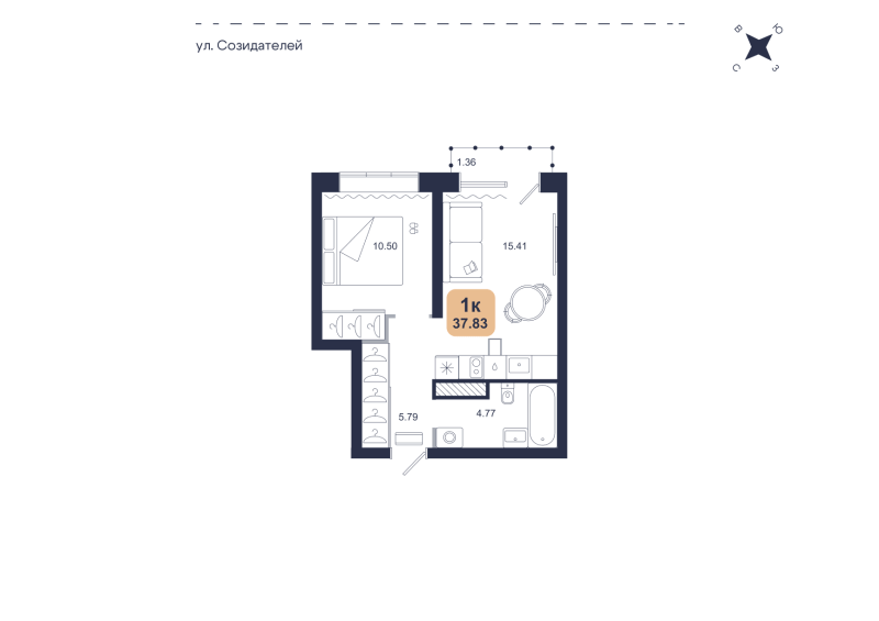 Планировка 1-комн. квартира, 37.8 м² — ЖК «Хито»