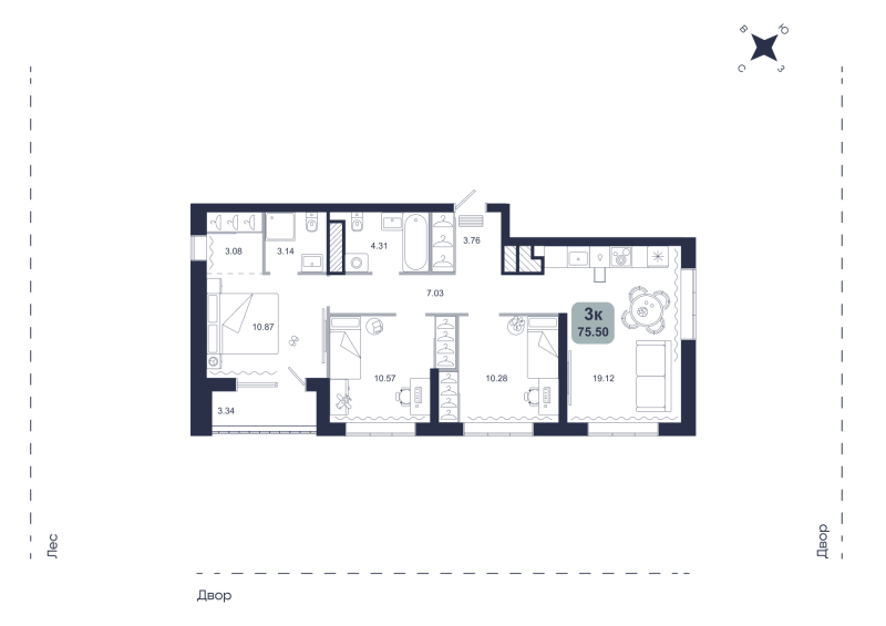 Планировка 3-комн. квартира, 75.5 м² — ЖК «Хито»